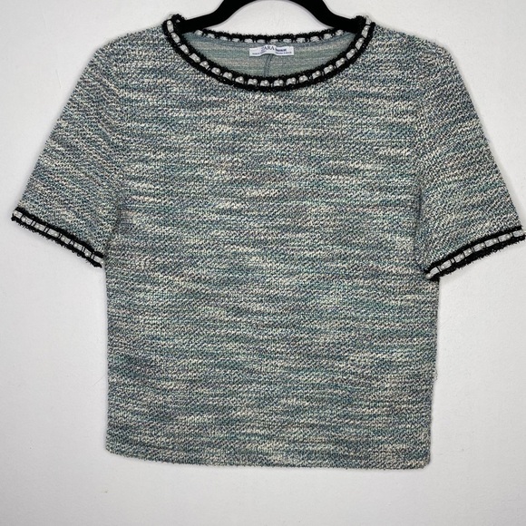 ZARA tweed pearl embellished trim top - Picture 1 of 7
